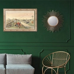 «Landscape with Two Eel Fishermen by a Ditch» в интерьере классической гостиной с зеленой стеной над диваном