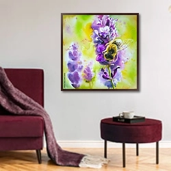 «Медоносная пчела на цветке лаванды» в интерьере гостиной в бордовых тонах