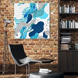 «Синие минималистичные элементы» в интерьере кабинета в стиле лофт с кирпичными стенами