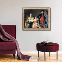 «James and Mary Shuttleworth with one of their Daughters, 1764» в интерьере гостиной в бордовых тонах