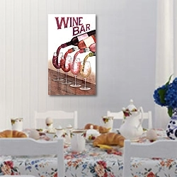 «Акварельные красные, белые и розовые вина, налитые из бутылок в стаканы, стоящие на деревянном столе» в интерьере кухни в стиле прованс над столом с завтраком
