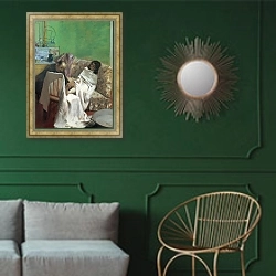 «The Pedicure, 1873» в интерьере классической гостиной с зеленой стеной над диваном