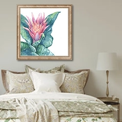 «Цветущий тропический розовый цветок Эхмея полосатая» в интерьере спальни в стиле прованс над кроватью