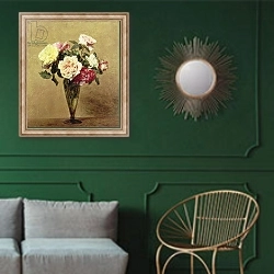 «Roses in a Vase, 1892» в интерьере классической гостиной с зеленой стеной над диваном