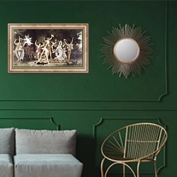«Юность Бахуса» в интерьере классической гостиной с зеленой стеной над диваном