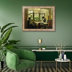 «A Peaceful Sunday, 1876» в интерьере гостиной в зеленых тонах
