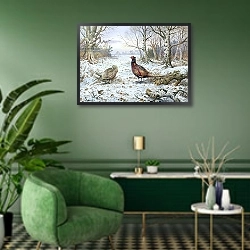 «Pair of Pheasants with a Wren» в интерьере гостиной в зеленых тонах