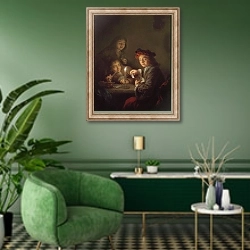«Мальчики, играющие в карты при свече» в интерьере гостиной в зеленых тонах