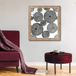 «Chrysanthemums, a stencil for printing on cotton» в интерьере гостиной в бордовых тонах