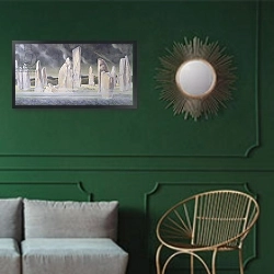 «The Callanish Legend, Isle of Lewis, 1991» в интерьере классической гостиной с зеленой стеной над диваном