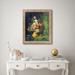 «Still life with flowers, sparrow and vine branch» в интерьере в классическом стиле над столом