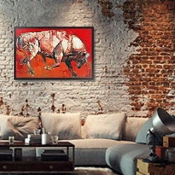 «The White Bull, 1999» в интерьере гостиной в стиле лофт с кирпичной стеной