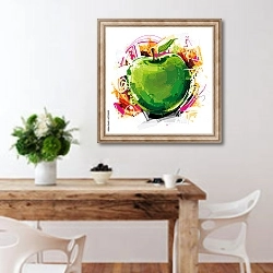 «Зеленое яблоко» в интерьере кухни с деревянным столом