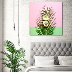 «Спелый авокадо на пальмовом листе на цветном фоне» в интерьере спальни в скандинавском стиле над кроватью