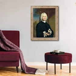 «An Unknown Man in Black, 1735» в интерьере гостиной в бордовых тонах