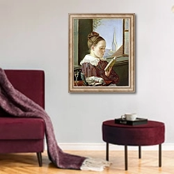 «Minna Wasmann, the sister of the artist, 1822» в интерьере гостиной в бордовых тонах