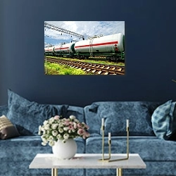 «Перевозка нефтепродуктов по железной дороге» в интерьере современной гостиной в синем цвете