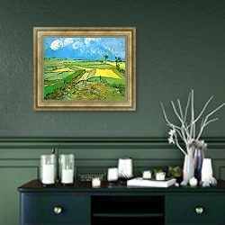 «Пшеничные поля в Овере под облачным небом» в интерьере прихожей в зеленых тонах над комодом