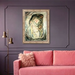 «The Kiss, c.1910» в интерьере гостиной с розовым диваном