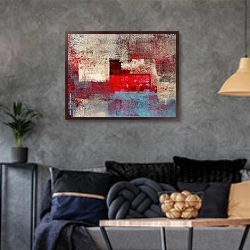«Красно-бежевая абстракция» в интерьере гостиной в стиле лофт в серых тонах