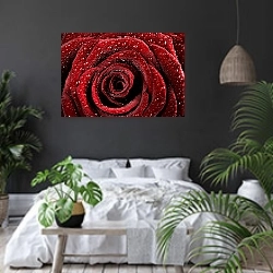 «Ярко-красная роза с каплями воды №4» в интерьере современной спальни с черными стенами