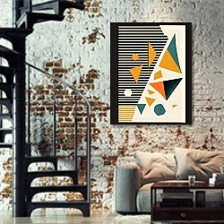 «Composition №39» в интерьере двухярусной гостиной в стиле лофт с кирпичной стеной