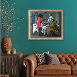 «Якоб, упрекающий Лабан» в интерьере гостиной с зеленой стеной над диваном