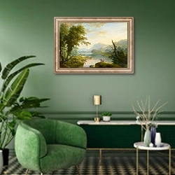 «Fishermen in a Lakeland Landscape» в интерьере гостиной в зеленых тонах