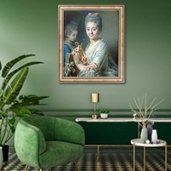 «Madame Theodore Lacroix Drawing a Portrait of her Daughter, Suzanne Felicite» в интерьере гостиной в зеленых тонах