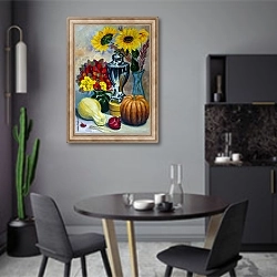 «Натюрморт с вазой, букетом и овощами» в интерьере современной кухни в серых цветах