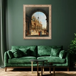 «Venice, a View of the Piazzetta di San Marco from the Arco dell’Orologio» в интерьере зеленой гостиной над диваном