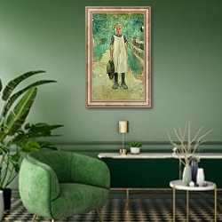 «A Farmgirl, 1895» в интерьере гостиной в зеленых тонах