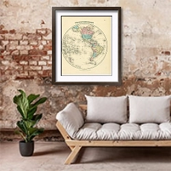 «Карта мира в виде полушарий: западное полушарие, 1855 г.» в интерьере гостиной в стиле лофт над диваном