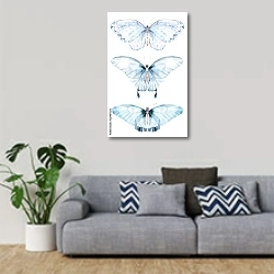 «Акварельные голубые бабочки» в интерьере гостиной в скандинавском стиле с серым диваном