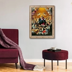 «Coronation of the Virgin» в интерьере гостиной в бордовых тонах