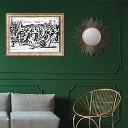 «The Massacre of the Innocents, engraved by Marcantonio Raimondi» в интерьере классической гостиной с зеленой стеной над диваном