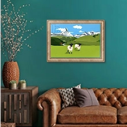 «Sheep in Zermatt, Switzerland,2015,» в интерьере гостиной с зеленой стеной над диваном