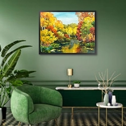 «Красочный осенний лес 5» в интерьере гостиной в зеленых тонах