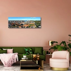 «Дания, Копенгаген. Вид с птичьего полета» в интерьере современной гостиной с розовой стеной