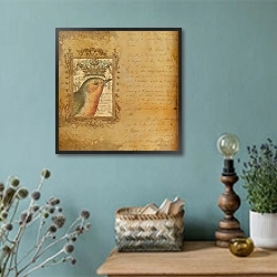 «Винтажная иллюстрация с соловьем» в интерьере в стиле ретро с бирюзовыми стенами