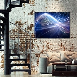 «Метаморфозы в пространстве фракталов» в интерьере двухярусной гостиной в стиле лофт с кирпичной стеной