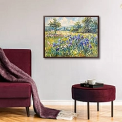 «The magic of irises» в интерьере гостиной в бордовых тонах