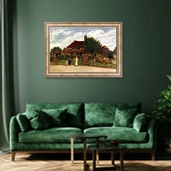 «'Cottages'  by Kate Greenaway.» в интерьере зеленой гостиной над диваном