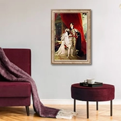 «The Prince Regent, later George IV in his Garter Robes, 1816» в интерьере гостиной в бордовых тонах