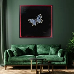 «Large blue butterfly, 2000» в интерьере зеленой гостиной над диваном