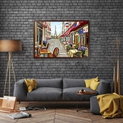 «Уличное кафе в Париже, скетч 3» в интерьере в стиле лофт над диваном