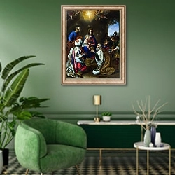 «Поклонение королей 13» в интерьере гостиной в зеленых тонах