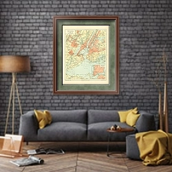«Карта Нью-Йорка и его окрестностей, конец 19 в.» в интерьере в стиле лофт над диваном