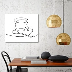 «чашка кофе с чайной ложкой - непрерывный рисунок из линии» в интерьере кухни в стиле минимализм над столом