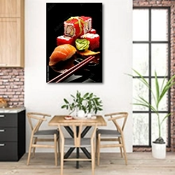 «Японский завтрак» в интерьере кухни с кирпичными стенами над столом